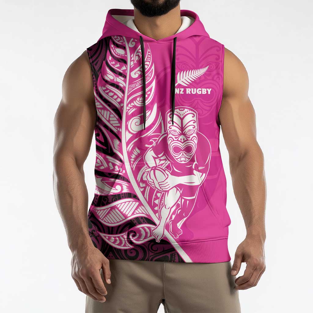 New Zealand Silver Fern Rugby Custom Sleeveless Hoodie All Black Maori Pattern Pink - Aussie Hoodie