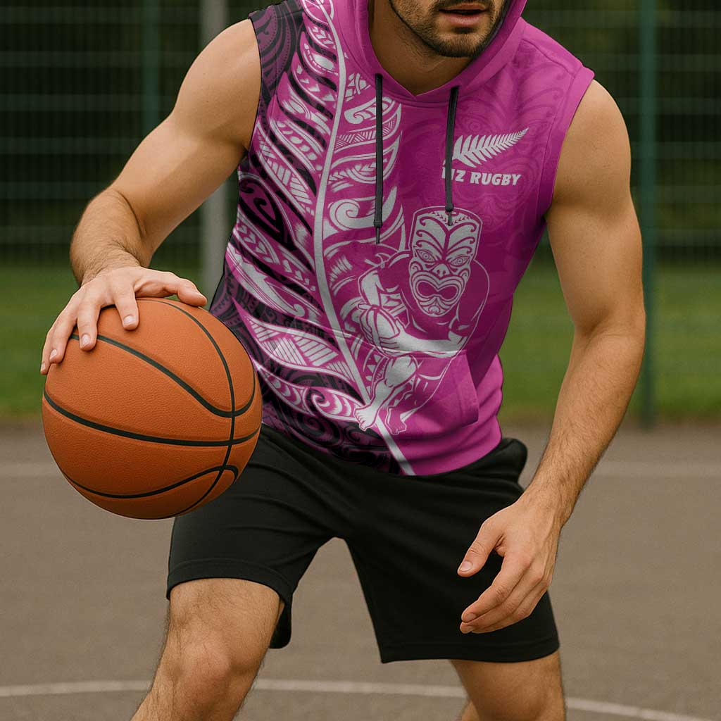 New Zealand Silver Fern Rugby Custom Sleeveless Hoodie All Black Maori Pattern Pink - Aussie Hoodie