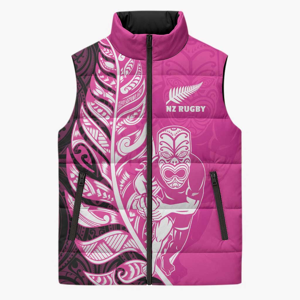 New Zealand Silver Fern Rugby Custom Sleeveless Puffer Jacket All Black Maori Pattern Pink - Aussie Hoodie