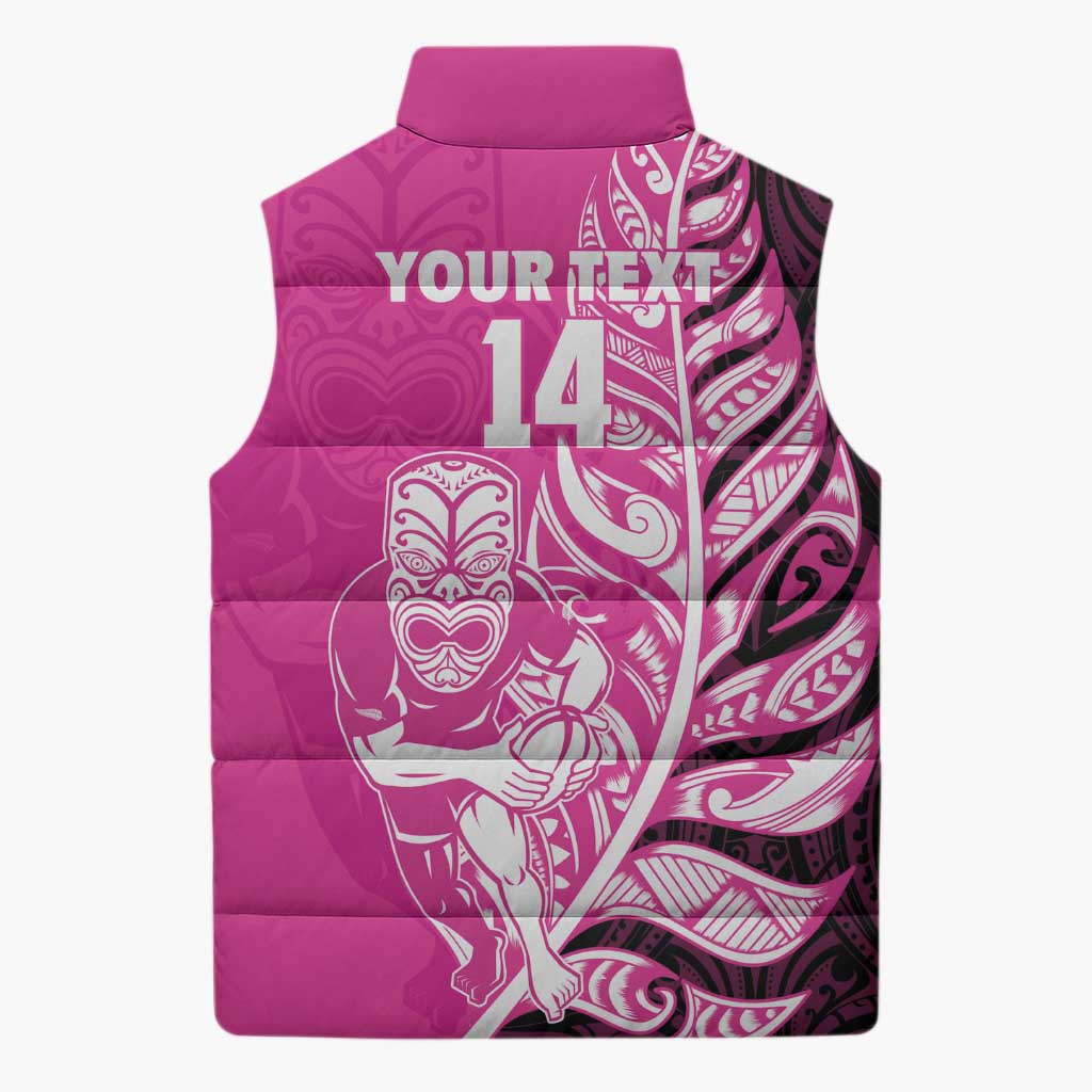 New Zealand Silver Fern Rugby Custom Sleeveless Puffer Jacket All Black Maori Pattern Pink - Aussie Hoodie