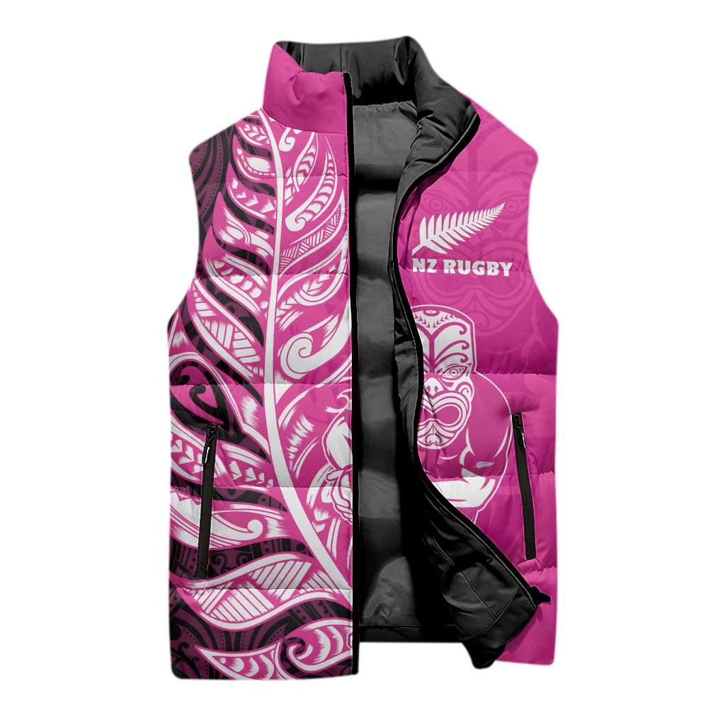 New Zealand Silver Fern Rugby Custom Sleeveless Puffer Jacket All Black Maori Pattern Pink - Aussie Hoodie