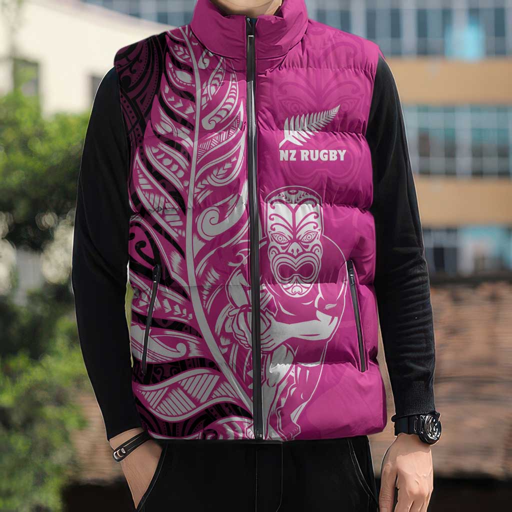 New Zealand Silver Fern Rugby Custom Sleeveless Puffer Jacket All Black Maori Pattern Pink - Aussie Hoodie