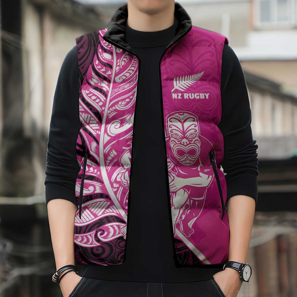 New Zealand Silver Fern Rugby Custom Sleeveless Puffer Jacket All Black Maori Pattern Pink - Aussie Hoodie