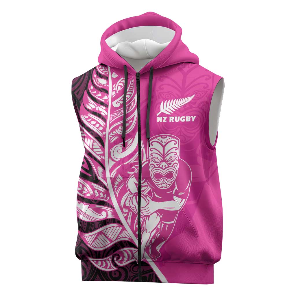 New Zealand Silver Fern Rugby Custom Sleeveless Zip Hoodie All Black Maori Pattern Pink LT14