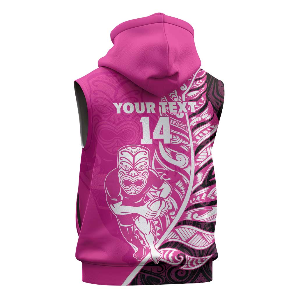 New Zealand Silver Fern Rugby Custom Sleeveless Zip Hoodie All Black Maori Pattern Pink LT14
