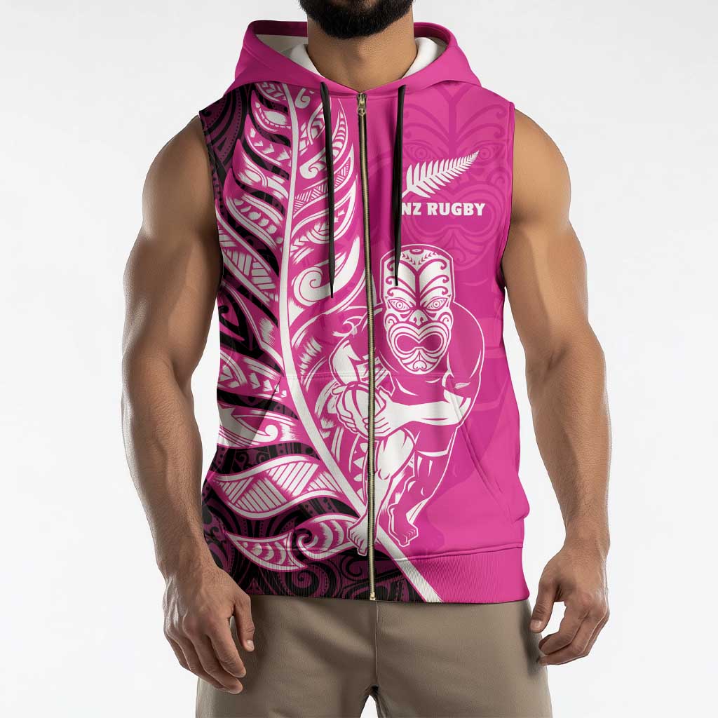 New Zealand Silver Fern Rugby Custom Sleeveless Zip Hoodie All Black Maori Pattern Pink - Aussie Hoodie