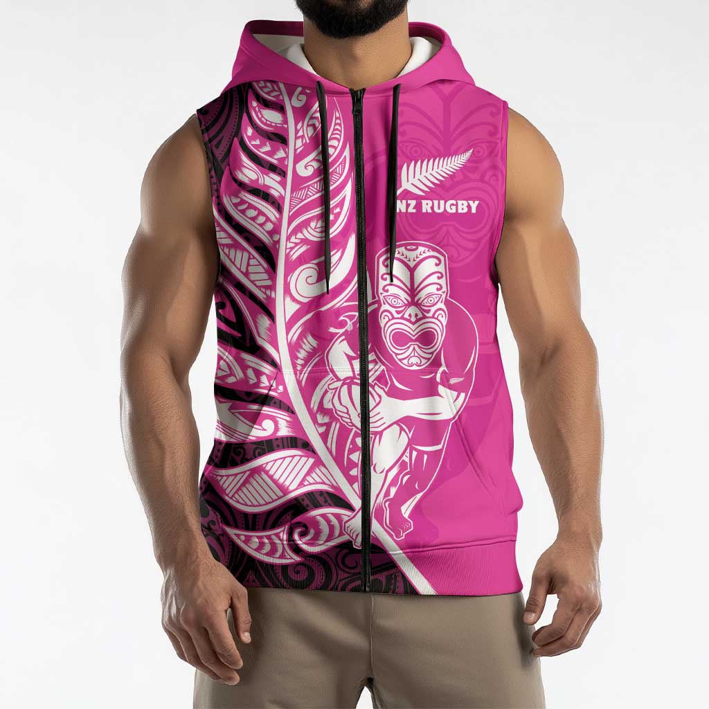 New Zealand Silver Fern Rugby Custom Sleeveless Zip Hoodie All Black Maori Pattern Pink LT14