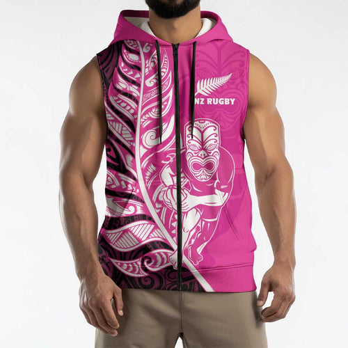 New Zealand Silver Fern Rugby Custom Sleeveless Zip Hoodie All Black Maori Pattern Pink LT14