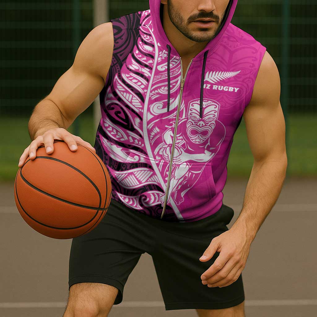 New Zealand Silver Fern Rugby Custom Sleeveless Zip Hoodie All Black Maori Pattern Pink - Aussie Hoodie