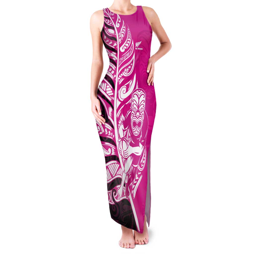 New Zealand Silver Fern Rugby Custom Tank Maxi Dress All Black Maori Pattern Pink - Aussie Hoodie