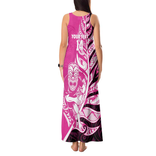 New Zealand Silver Fern Rugby Custom Tank Maxi Dress All Black Maori Pattern Pink - Aussie Hoodie