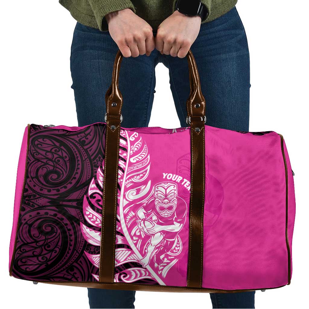 New Zealand Silver Fern Rugby Custom Travel Bag All Black Maori Pattern Pink - Aussie Hoodie