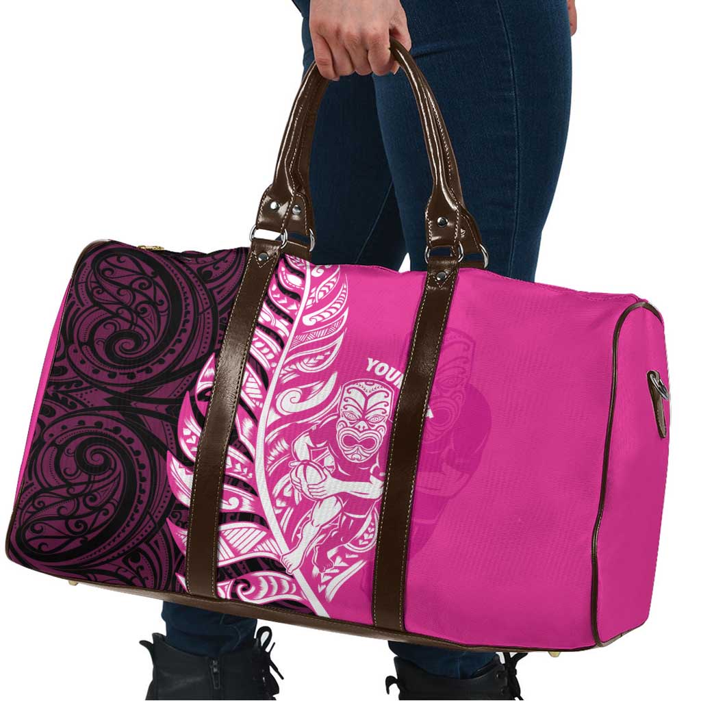 New Zealand Silver Fern Rugby Custom Travel Bag All Black Maori Pattern Pink - Aussie Hoodie