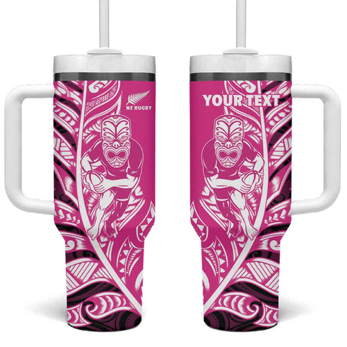 New Zealand Silver Fern Rugby Custom Tumbler With Handle All Black Maori Pattern Pink - Aussie Hoodie
