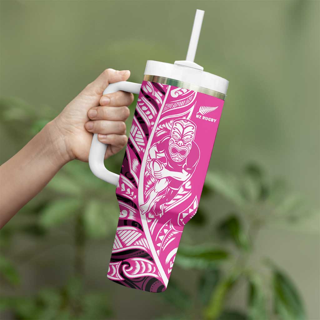New Zealand Silver Fern Rugby Custom Tumbler With Handle All Black Maori Pattern Pink - Aussie Hoodie