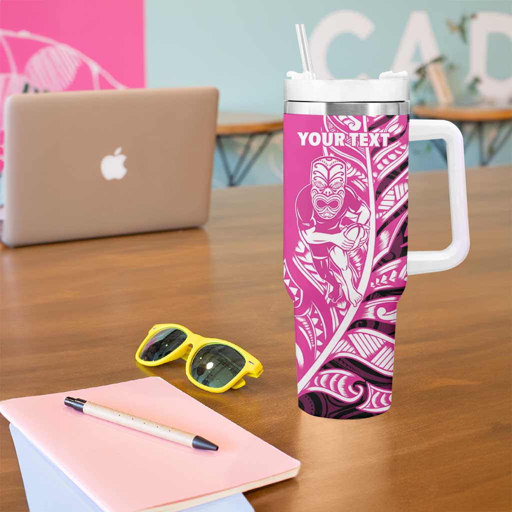 New Zealand Silver Fern Rugby Custom Tumbler With Handle All Black Maori Pattern Pink - Aussie Hoodie