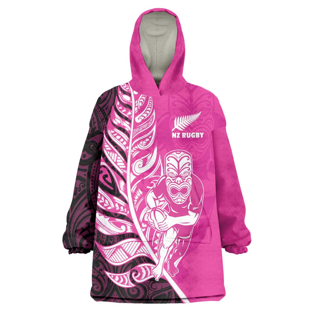 New Zealand Silver Fern Rugby Custom Wearable Blanket Hoodie All Black Maori Pattern Pink - Aussie Hoodie
