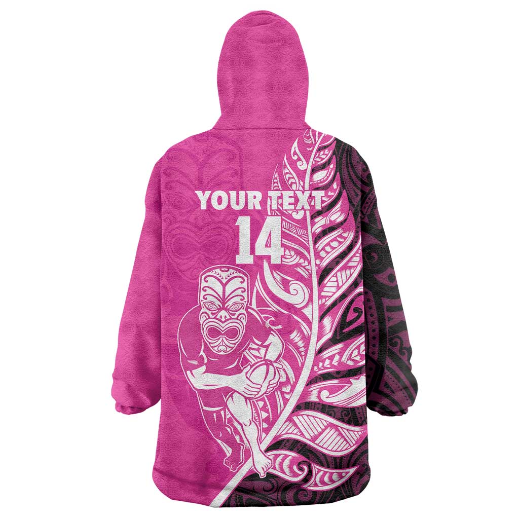 New Zealand Silver Fern Rugby Custom Wearable Blanket Hoodie All Black Maori Pattern Pink - Aussie Hoodie
