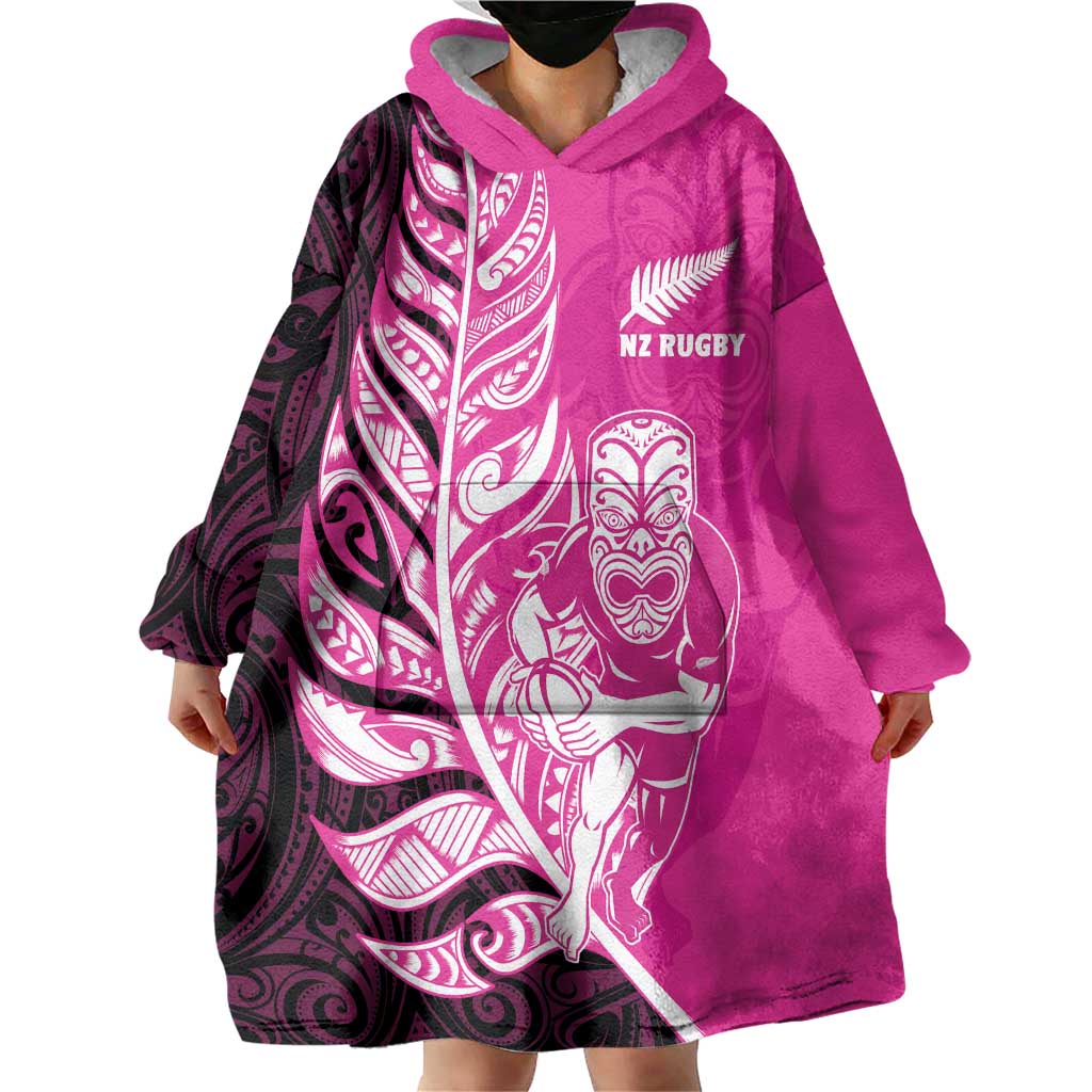 New Zealand Silver Fern Rugby Custom Wearable Blanket Hoodie All Black Maori Pattern Pink - Aussie Hoodie