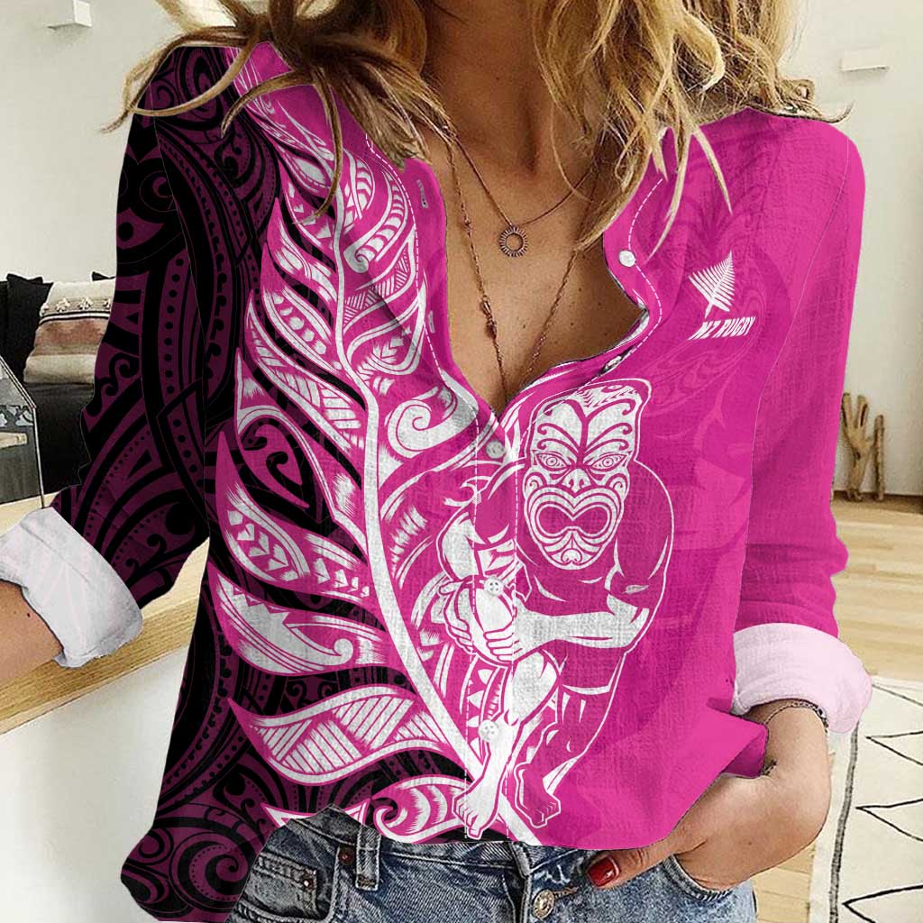 New Zealand Silver Fern Rugby Custom Women Casual Shirt All Black Maori Pattern Pink - Aussie Hoodie