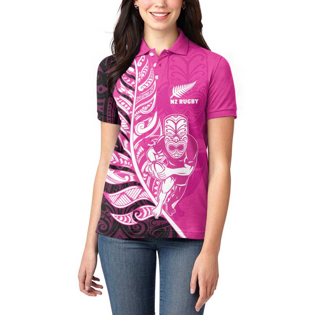 New Zealand Silver Fern Rugby Custom Women Polo Shirt All Black Maori Pattern Pink - Aussie Hoodie