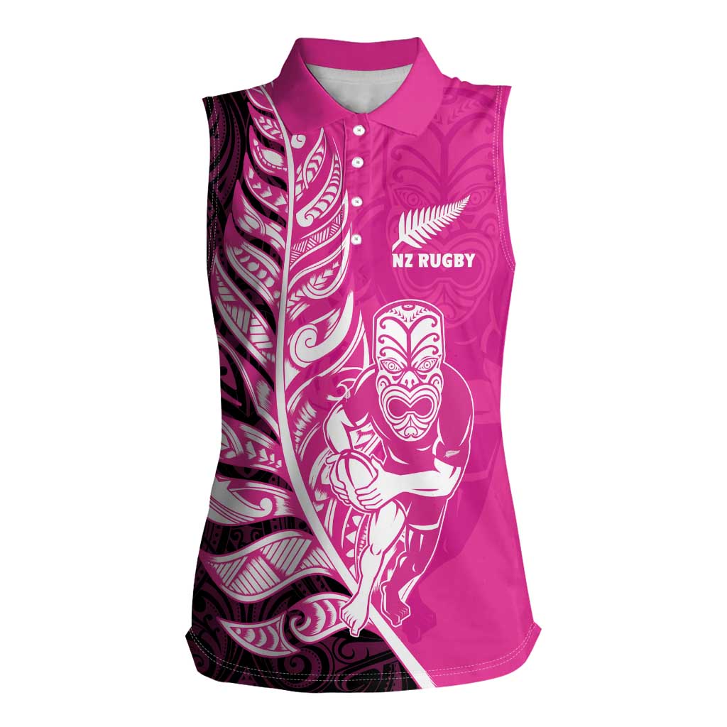 New Zealand Silver Fern Rugby Custom Women Sleeveless Polo Shirt All Black Maori Pattern Pink - Aussie Hoodie