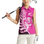 New Zealand Silver Fern Rugby Custom Women Sleeveless Polo Shirt All Black Maori Pattern Pink - Aussie Hoodie