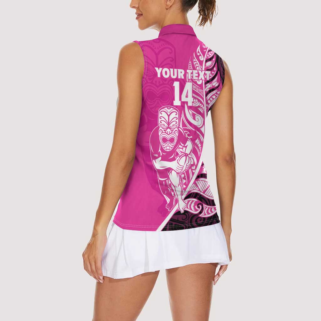 New Zealand Silver Fern Rugby Custom Women Sleeveless Polo Shirt All Black Maori Pattern Pink - Aussie Hoodie