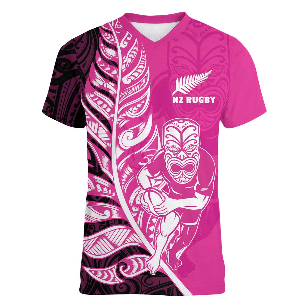 New Zealand Silver Fern Rugby Custom Women V-Neck T-Shirt All Black Maori Pattern Pink - Aussie Hoodie