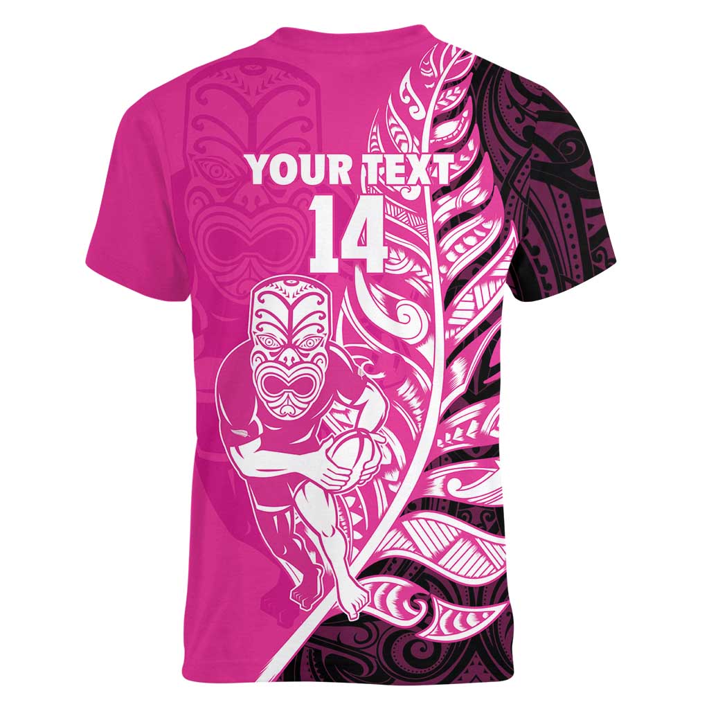 New Zealand Silver Fern Rugby Custom Women V-Neck T-Shirt All Black Maori Pattern Pink - Aussie Hoodie