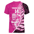 New Zealand Silver Fern Rugby Custom Women V-Neck T-Shirt All Black Maori Pattern Pink - Aussie Hoodie