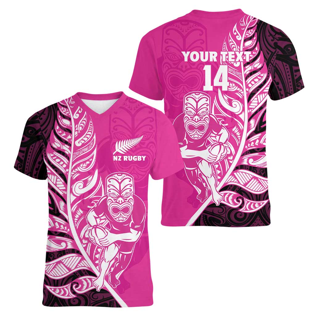 New Zealand Silver Fern Rugby Custom Women V-Neck T-Shirt All Black Maori Pattern Pink - Aussie Hoodie