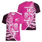 New Zealand Silver Fern Rugby Custom Women V-Neck T-Shirt All Black Maori Pattern Pink - Aussie Hoodie