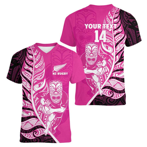 New Zealand Silver Fern Rugby Custom Women V-Neck T-Shirt All Black Maori Pattern Pink - Aussie Hoodie