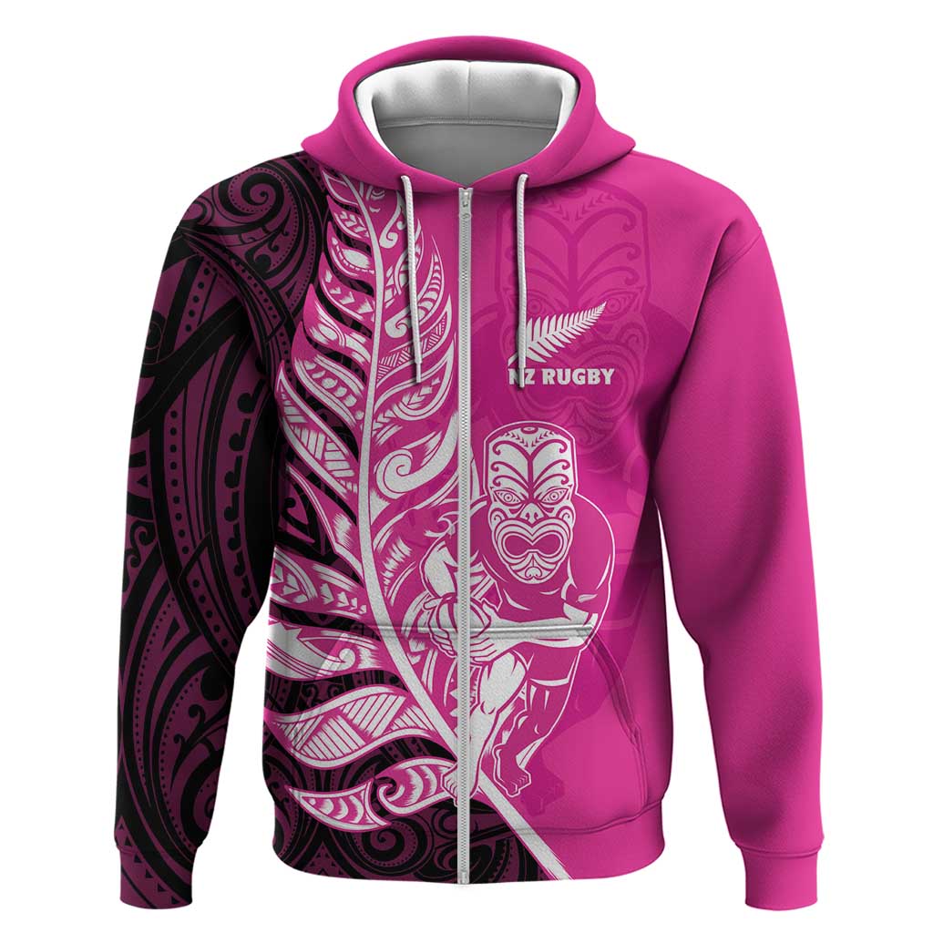 New Zealand Silver Fern Rugby Custom Zip Hoodie All Black Maori Pattern Pink - Aussie Hoodie