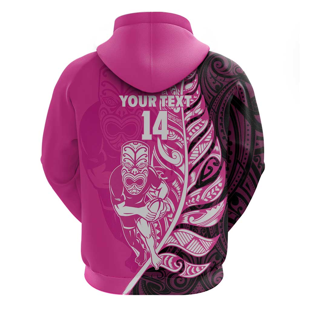 New Zealand Silver Fern Rugby Custom Zip Hoodie All Black Maori Pattern Pink - Aussie Hoodie