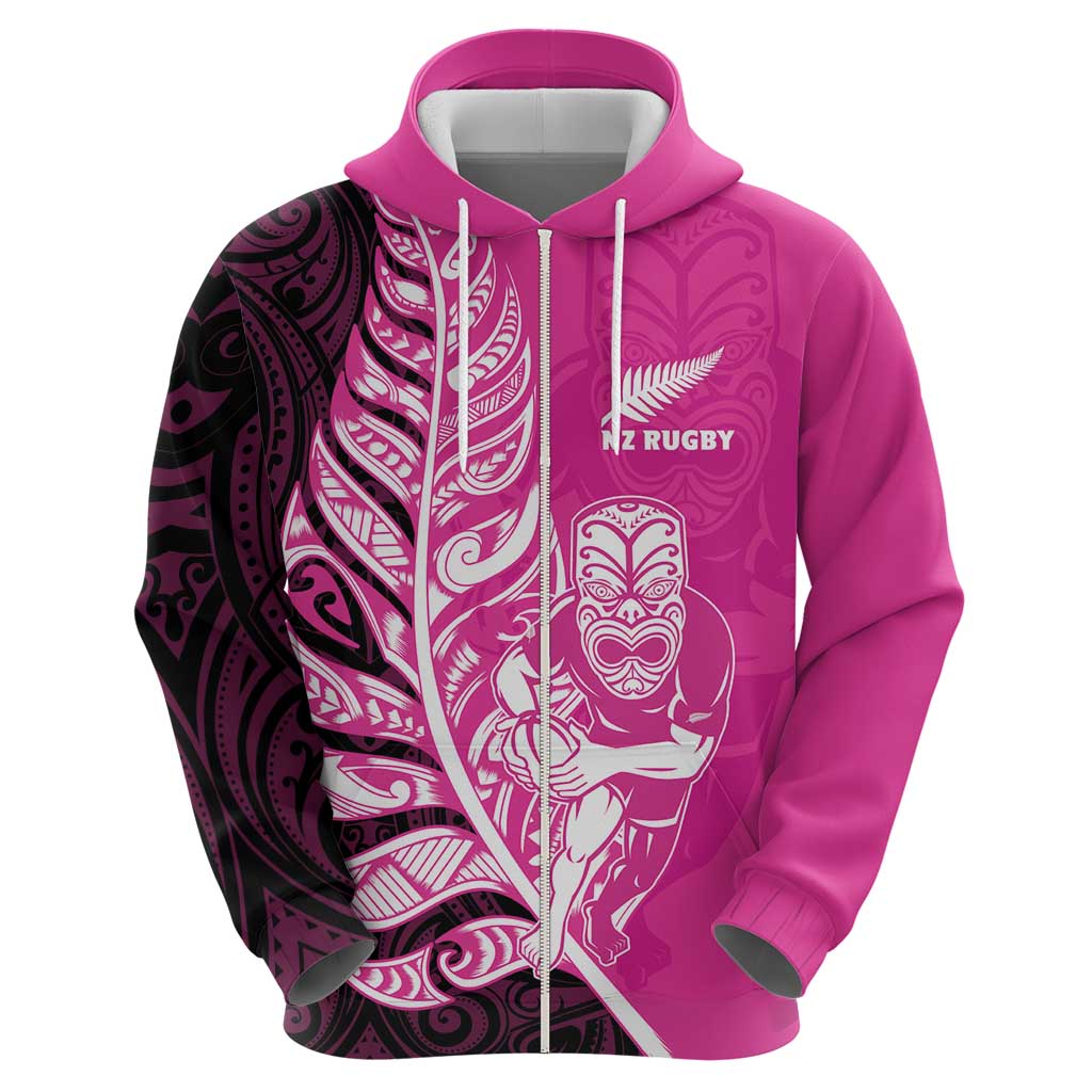 New Zealand Silver Fern Rugby Custom Zip Hoodie All Black Maori Pattern Pink - Aussie Hoodie