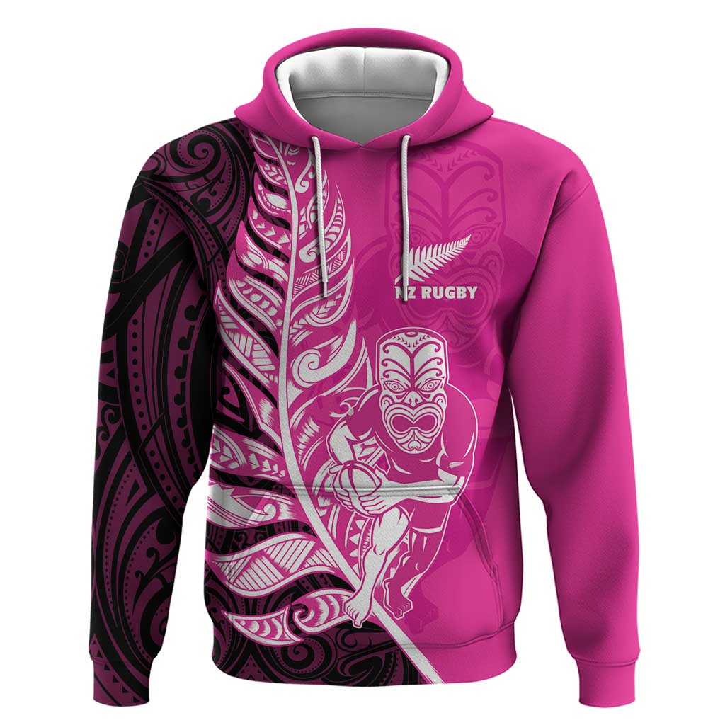 New Zealand Silver Fern Rugby Custom Zip Hoodie All Black Maori Pattern Pink - Aussie Hoodie
