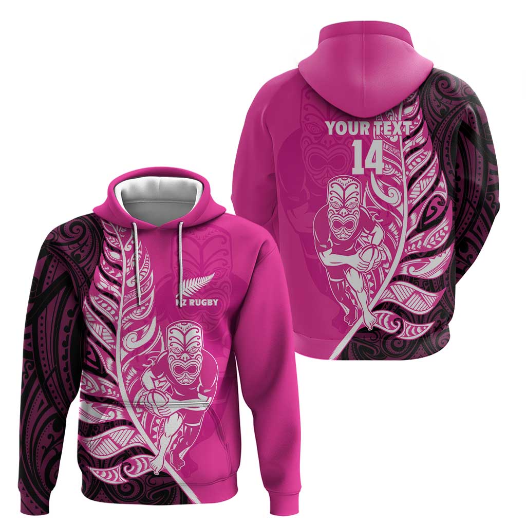 New Zealand Silver Fern Rugby Custom Zip Hoodie All Black Maori Pattern Pink - Aussie Hoodie