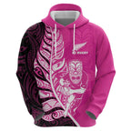 New Zealand Silver Fern Rugby Custom Zip Hoodie All Black Maori Pattern Pink - Aussie Hoodie