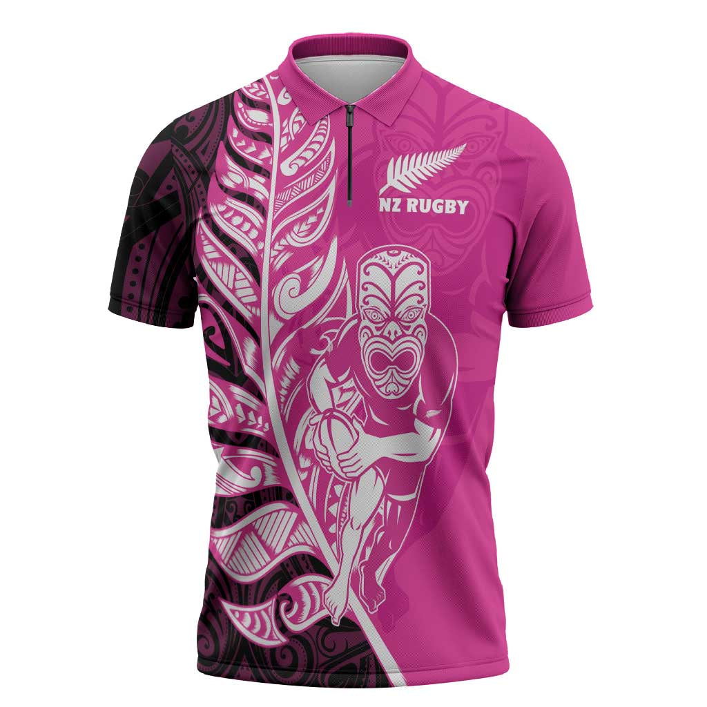 New Zealand Silver Fern Rugby Custom Zipper Polo Shirt All Black Maori Pattern Pink - Aussie Hoodie