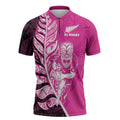 New Zealand Silver Fern Rugby Custom Zipper Polo Shirt All Black Maori Pattern Pink - Aussie Hoodie