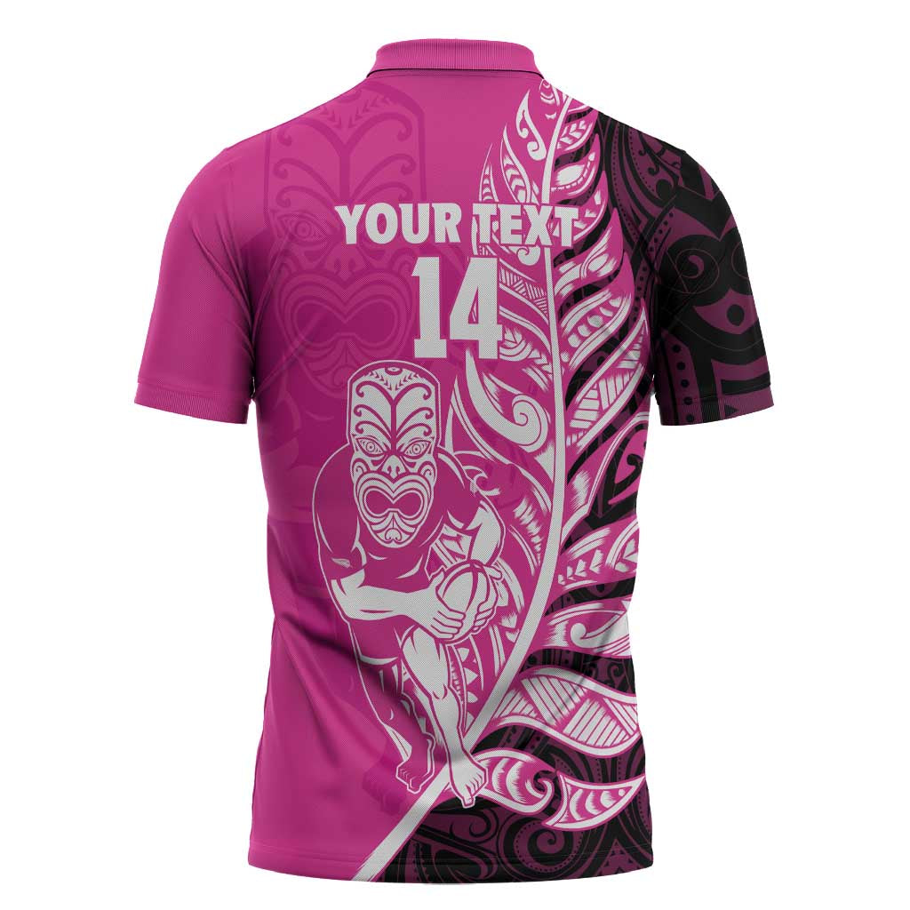 New Zealand Silver Fern Rugby Custom Zipper Polo Shirt All Black Maori Pattern Pink - Aussie Hoodie