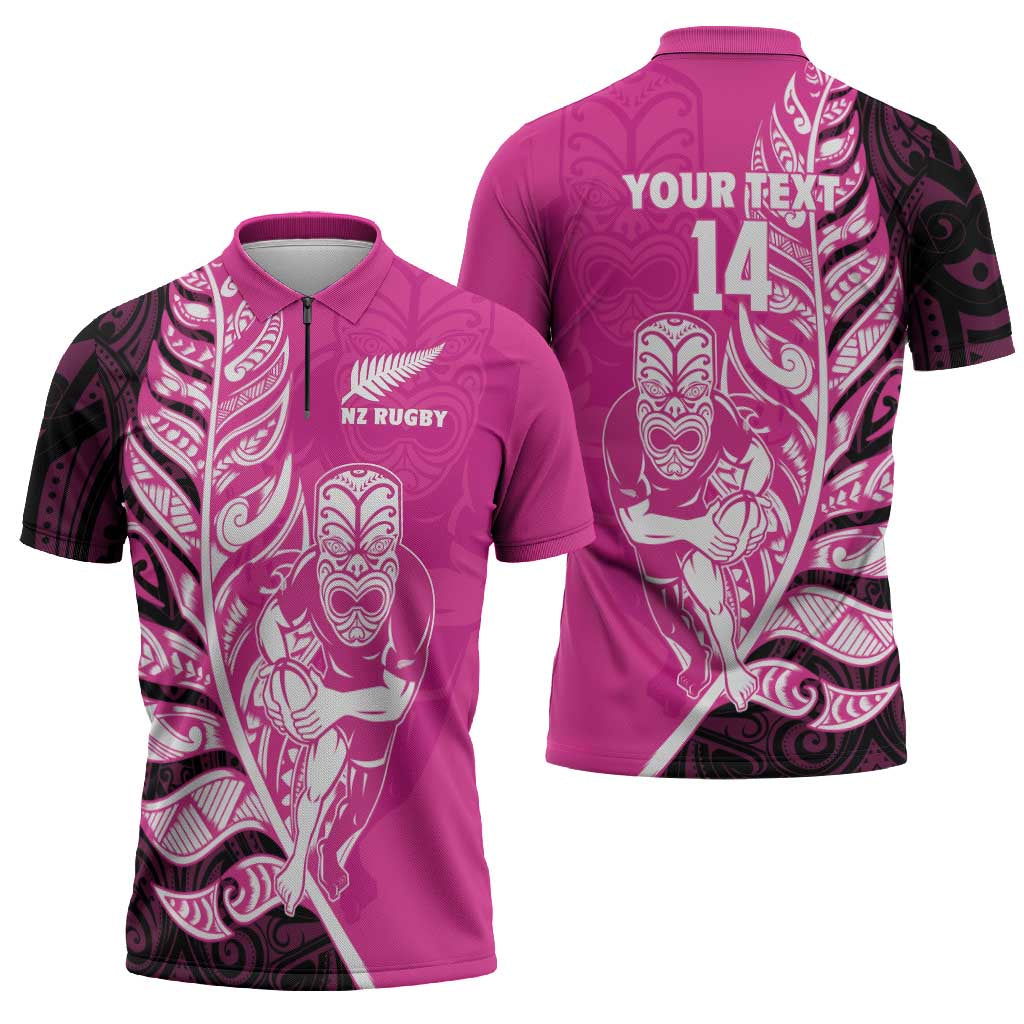 New Zealand Silver Fern Rugby Custom Zipper Polo Shirt All Black Maori Pattern Pink - Aussie Hoodie