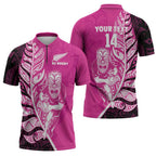New Zealand Silver Fern Rugby Custom Zipper Polo Shirt All Black Maori Pattern Pink - Aussie Hoodie