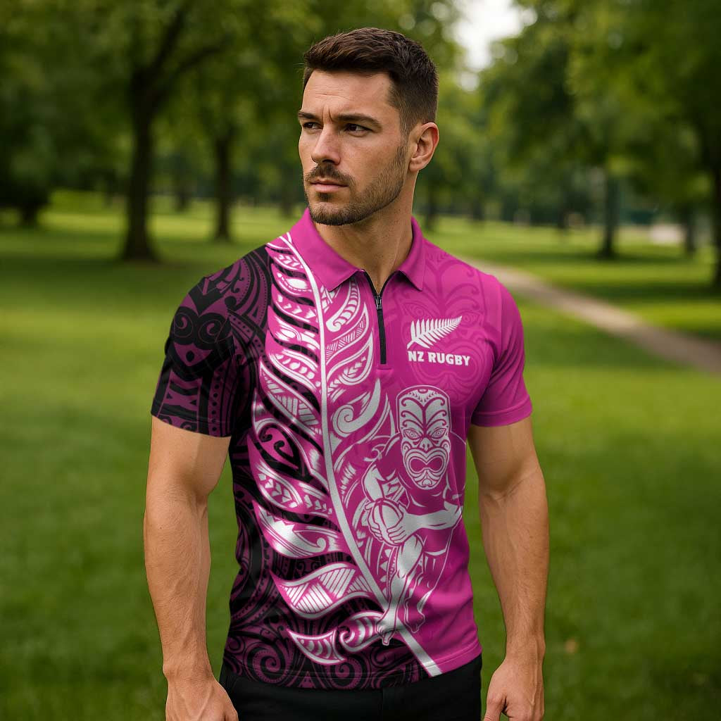 New Zealand Silver Fern Rugby Custom Zipper Polo Shirt All Black Maori Pattern Pink - Aussie Hoodie