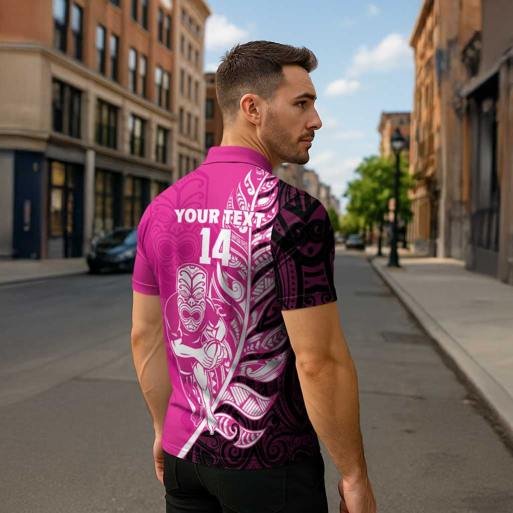 New Zealand Silver Fern Rugby Custom Zipper Polo Shirt All Black Maori Pattern Pink - Aussie Hoodie