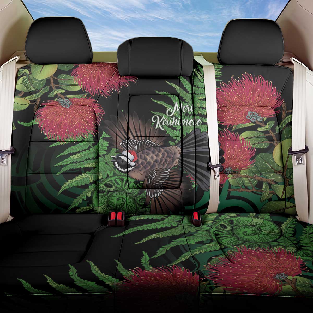 Meri Kirihimete New Zealand Back Car Seat Cover Piwakawaka Koru Fern Mix Pohutukawa - Aussie Hoodie