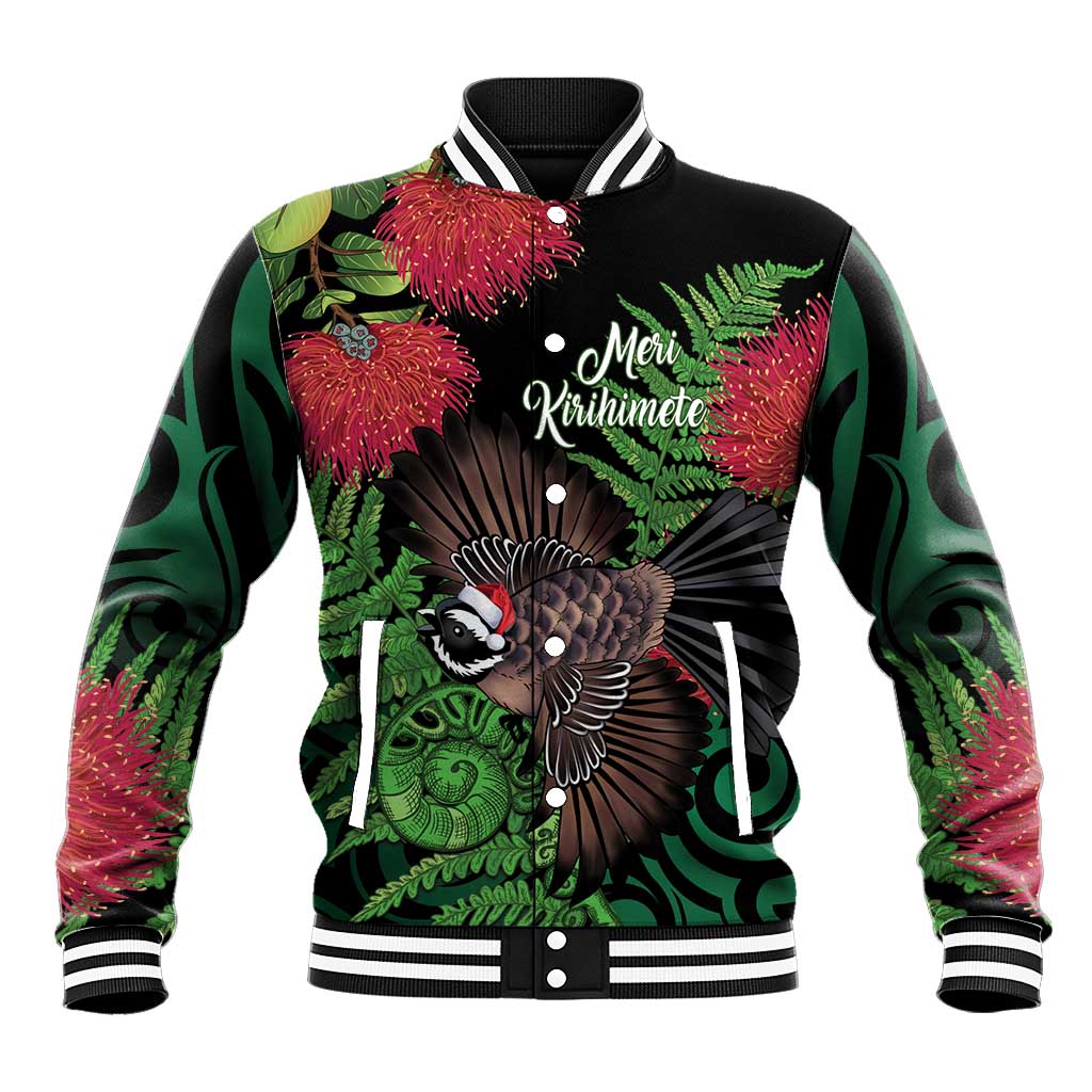 Meri Kirihimete New Zealand Baseball Jacket Piwakawaka Koru Fern Mix Pohutukawa - Aussie Hoodie