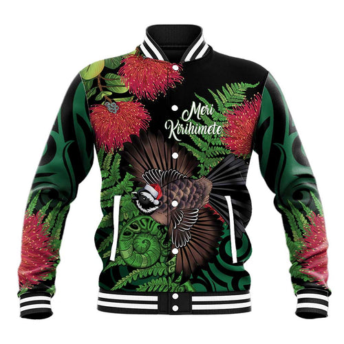 Meri Kirihimete New Zealand Baseball Jacket Piwakawaka Koru Fern Mix Pohutukawa - Aussie Hoodie